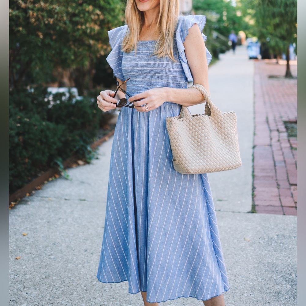 Blue and white striped dress